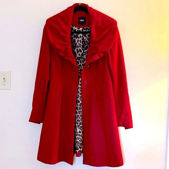 Express Red Women's Coat A Line Wool blend Small Knee Length Fit n Flare Small - Picture 2 of 9